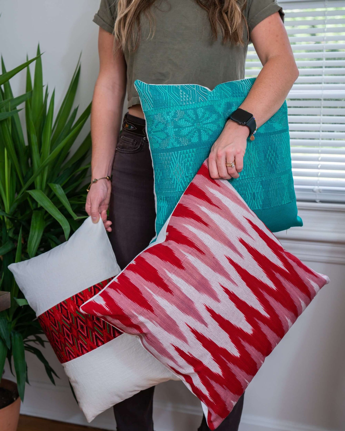 Handmade Guatemalan Kandy red and white ikat pillow