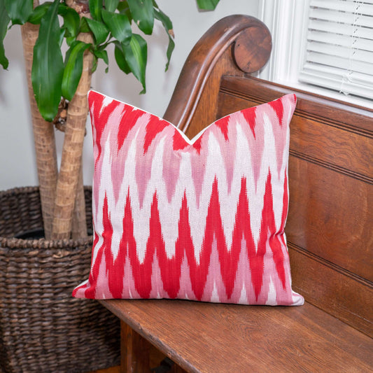 Handmade Guatemalan Kandy red and white ikat pillow