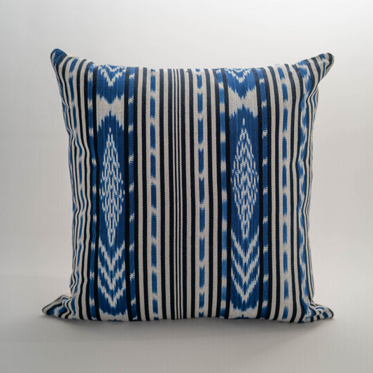 Handmade Guatemalan Atitlan blue and natural ikat pillow